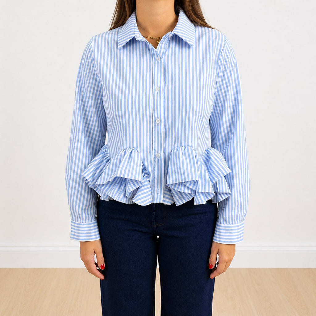Camicia a balze a righe Azzurro