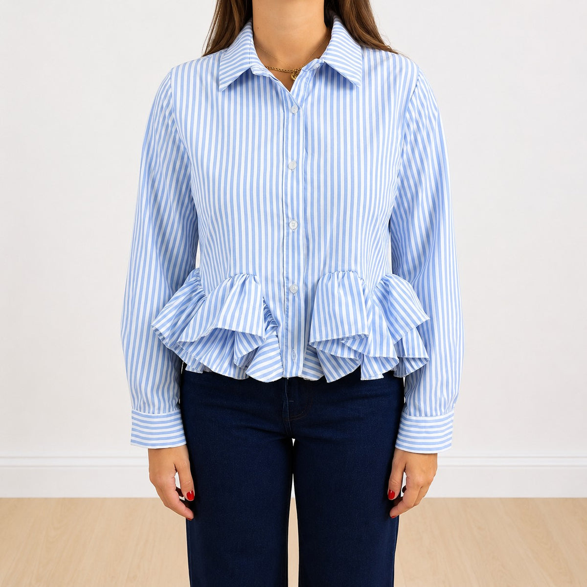 Camicia a balze a righe Azzurro