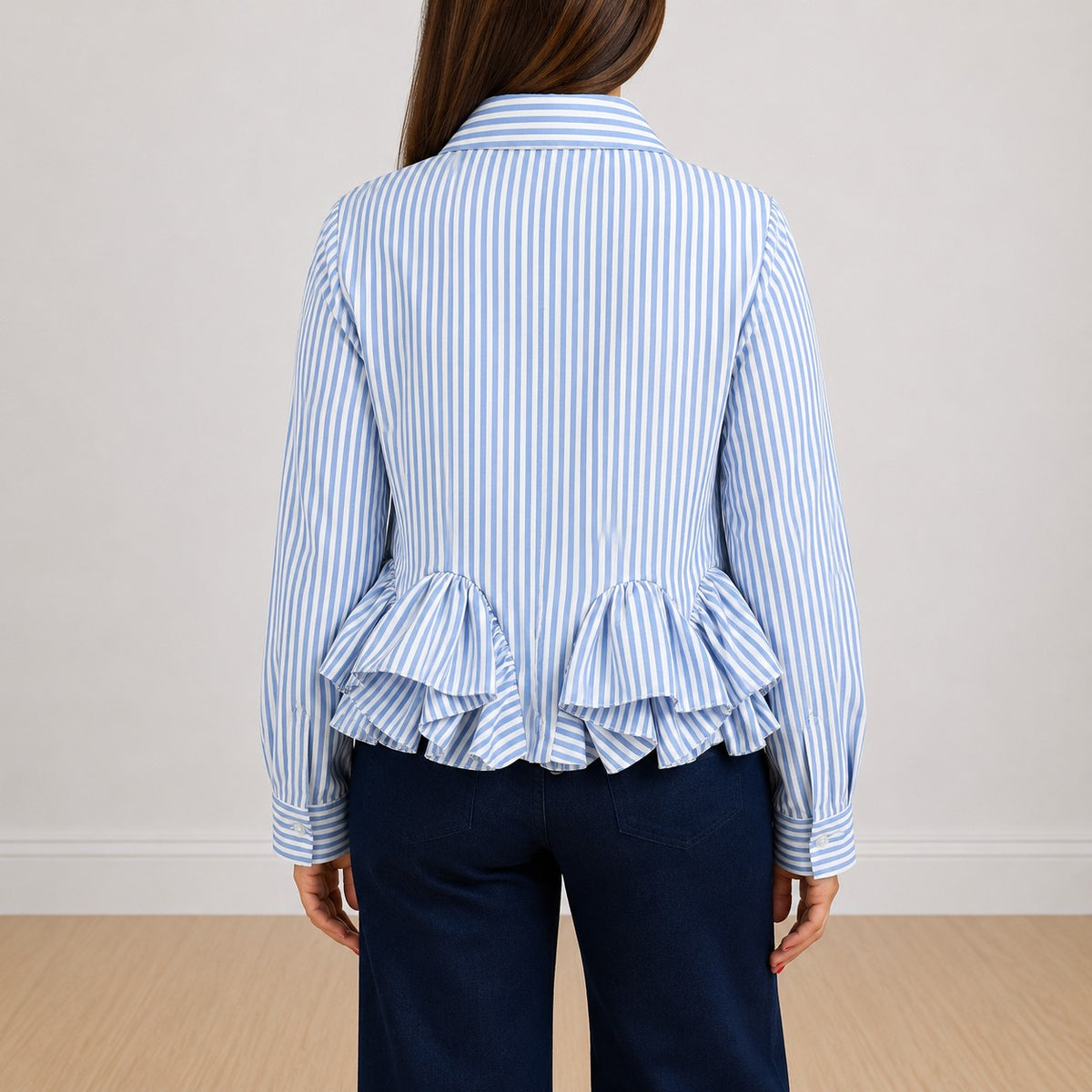 Camicia a balze a righe Azzurro