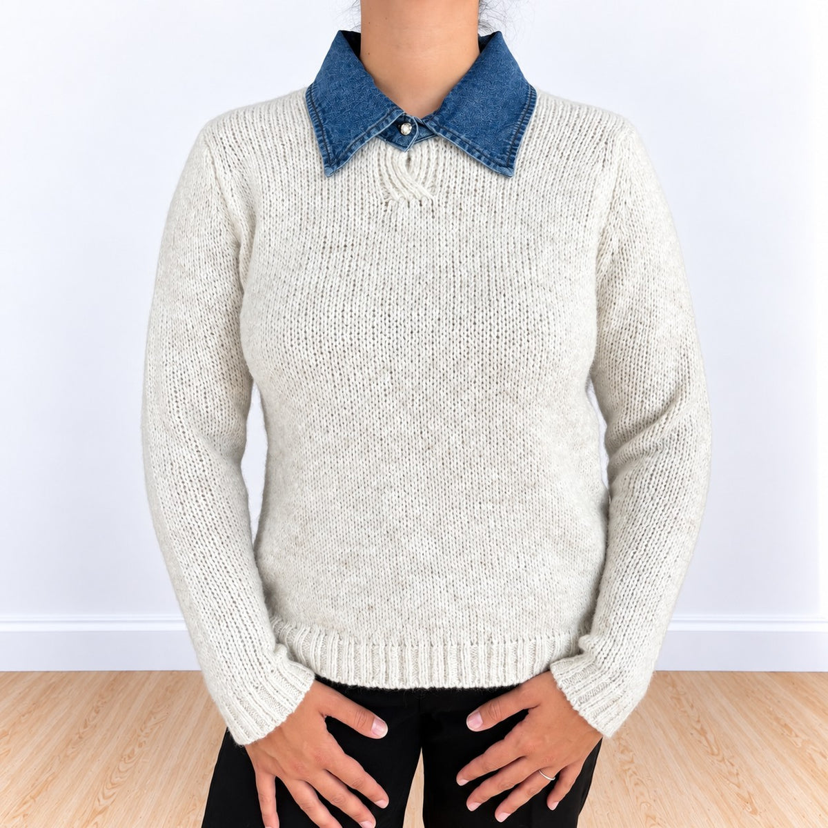 Maglione con collo jeans liscio Beige