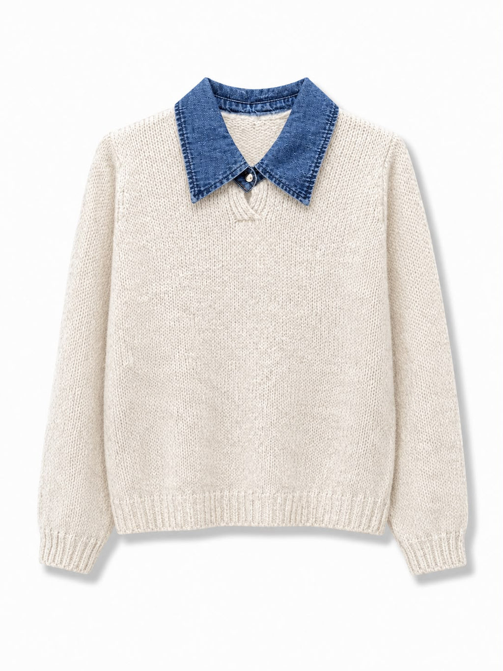 Maglione con collo jeans liscio Panna