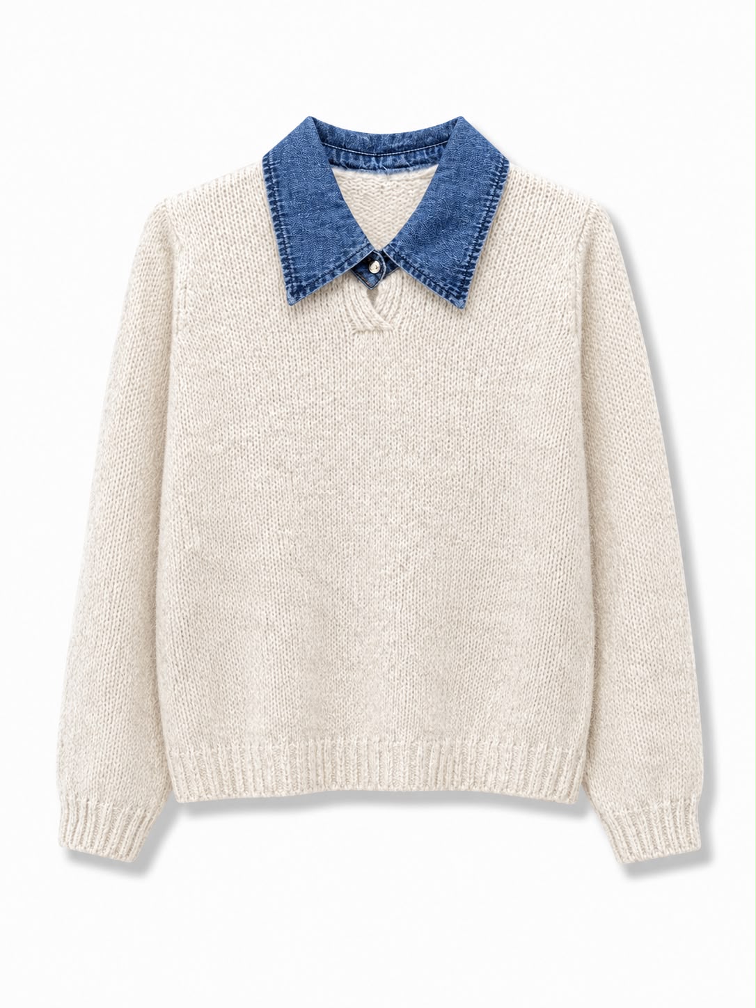 Maglione con collo jeans liscio Panna