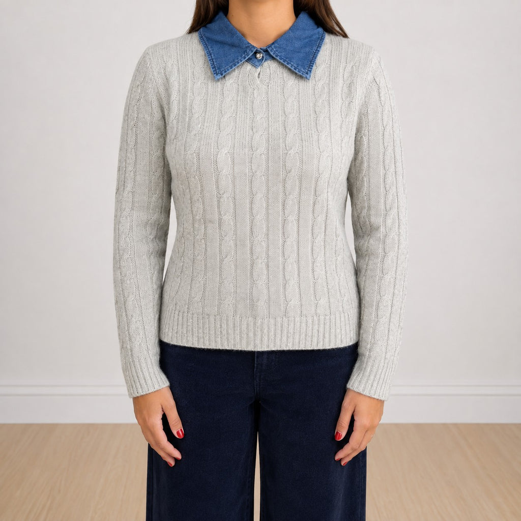 Maglione con collo jeans lavorato Beige