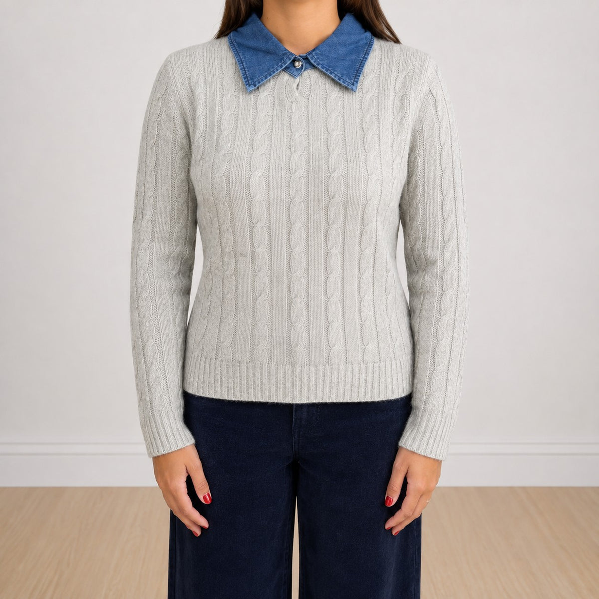 Maglione con collo jeans lavorato Beige