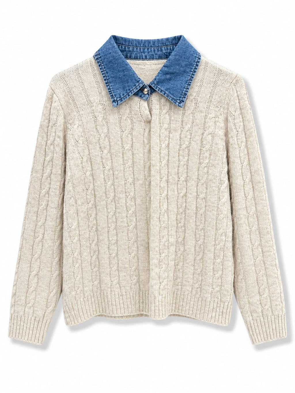 Maglione con collo jeans lavorato Crema