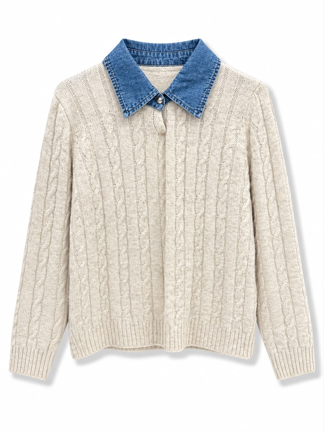 Maglione con collo jeans lavorato Crema