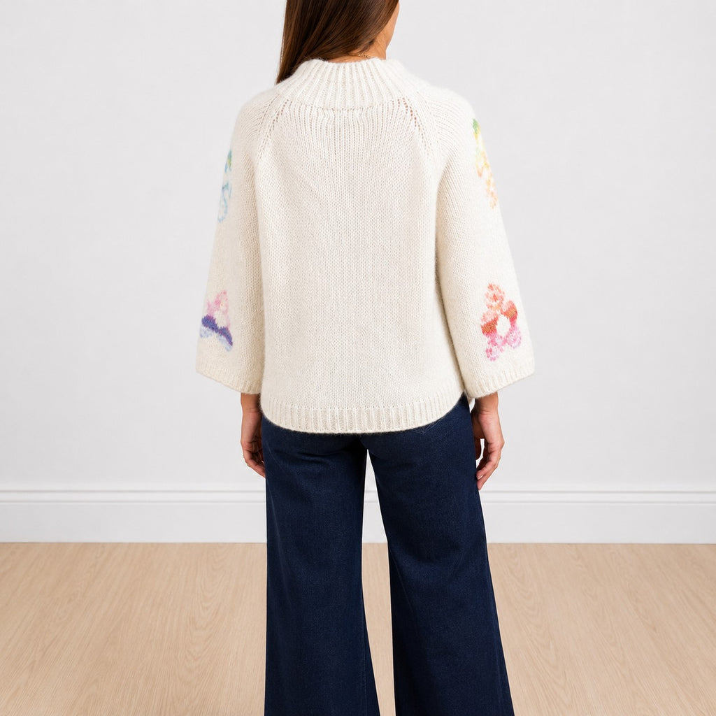 Maglione con fiori manica ampia beige