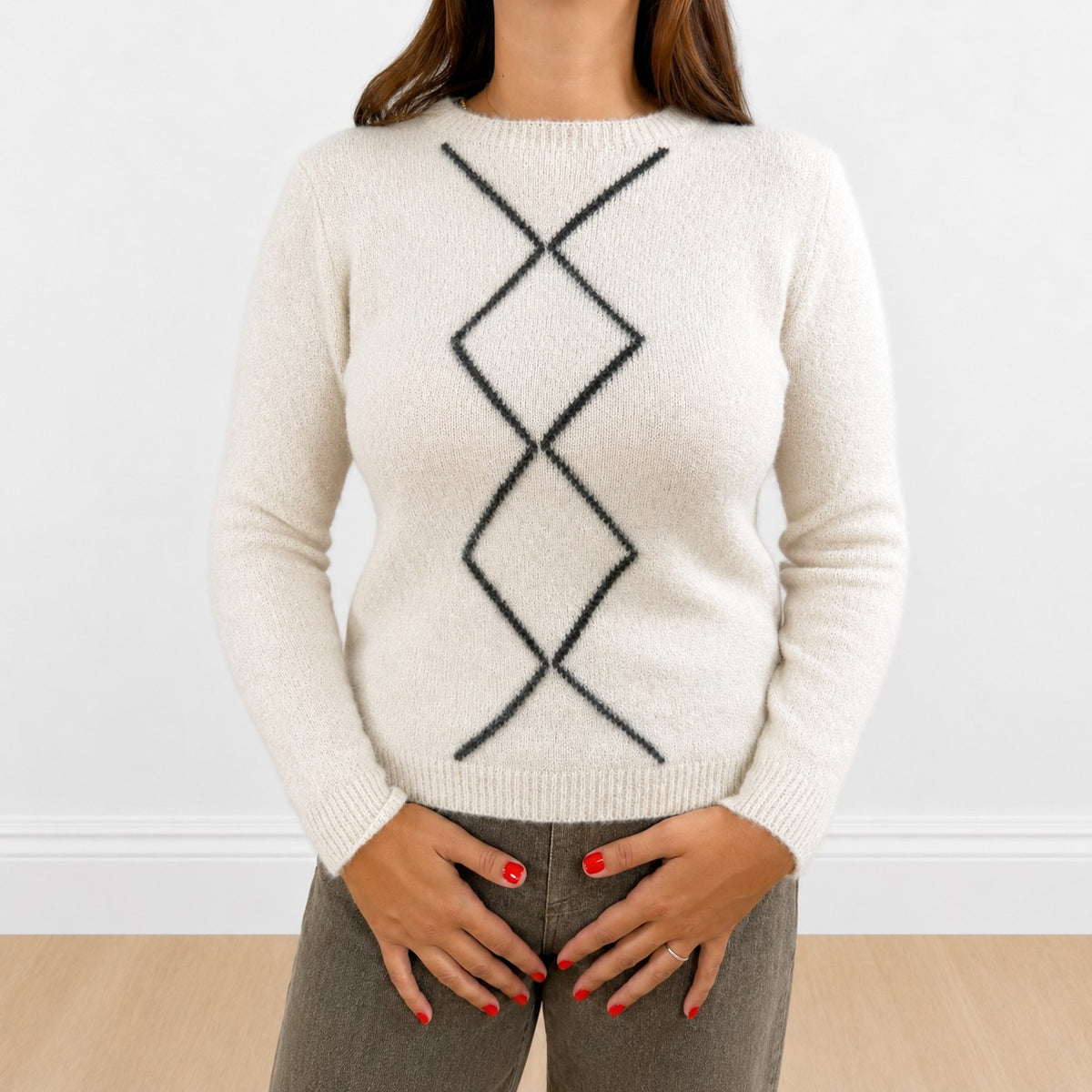 Maglione misto lana rombi Beige